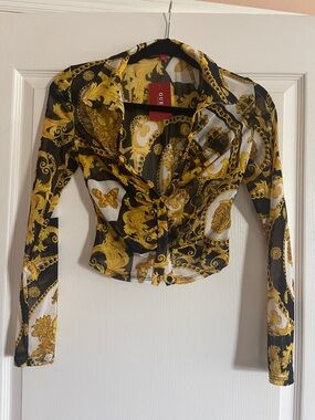 NWT GUESS Black and Gold Sheer Button-Front Crop Blouse